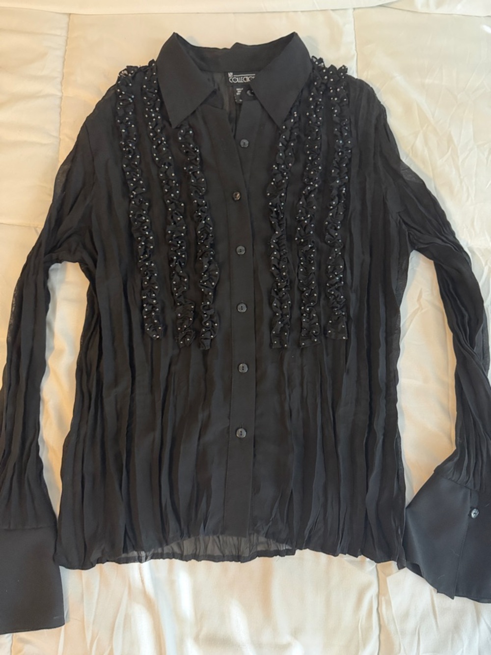 NY Collection Black Ruffled Beaded Button-Down Sheer Shirt